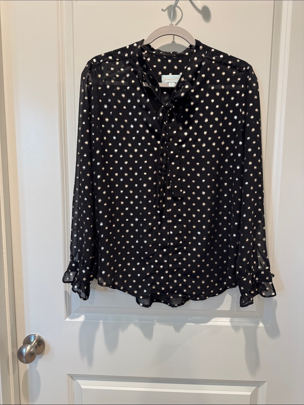 Veronica M Sheer Black Gold Polka Dot Tie-Neck Blouse